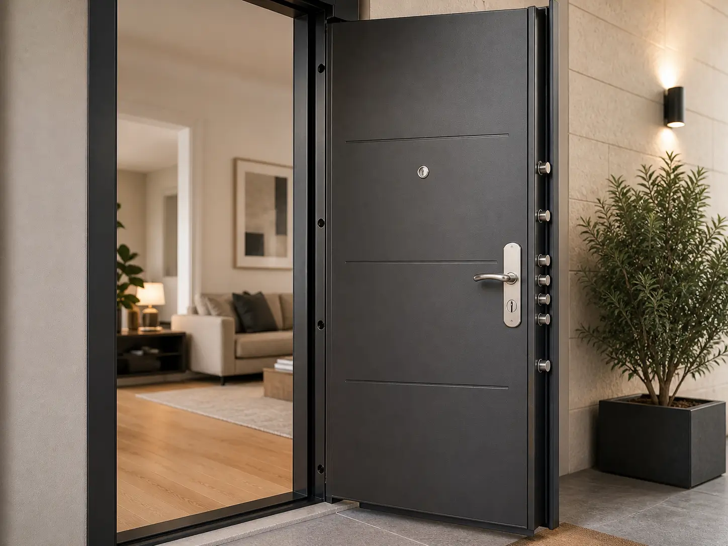 Precio puerta acorazada Barcelona: cuánto cuesta según grado e instalación. Puerta acorazada moderna instalada en vivienda de Barcelona con sistema de cierre de alta seguridad y diseño elegante interior-exterior.