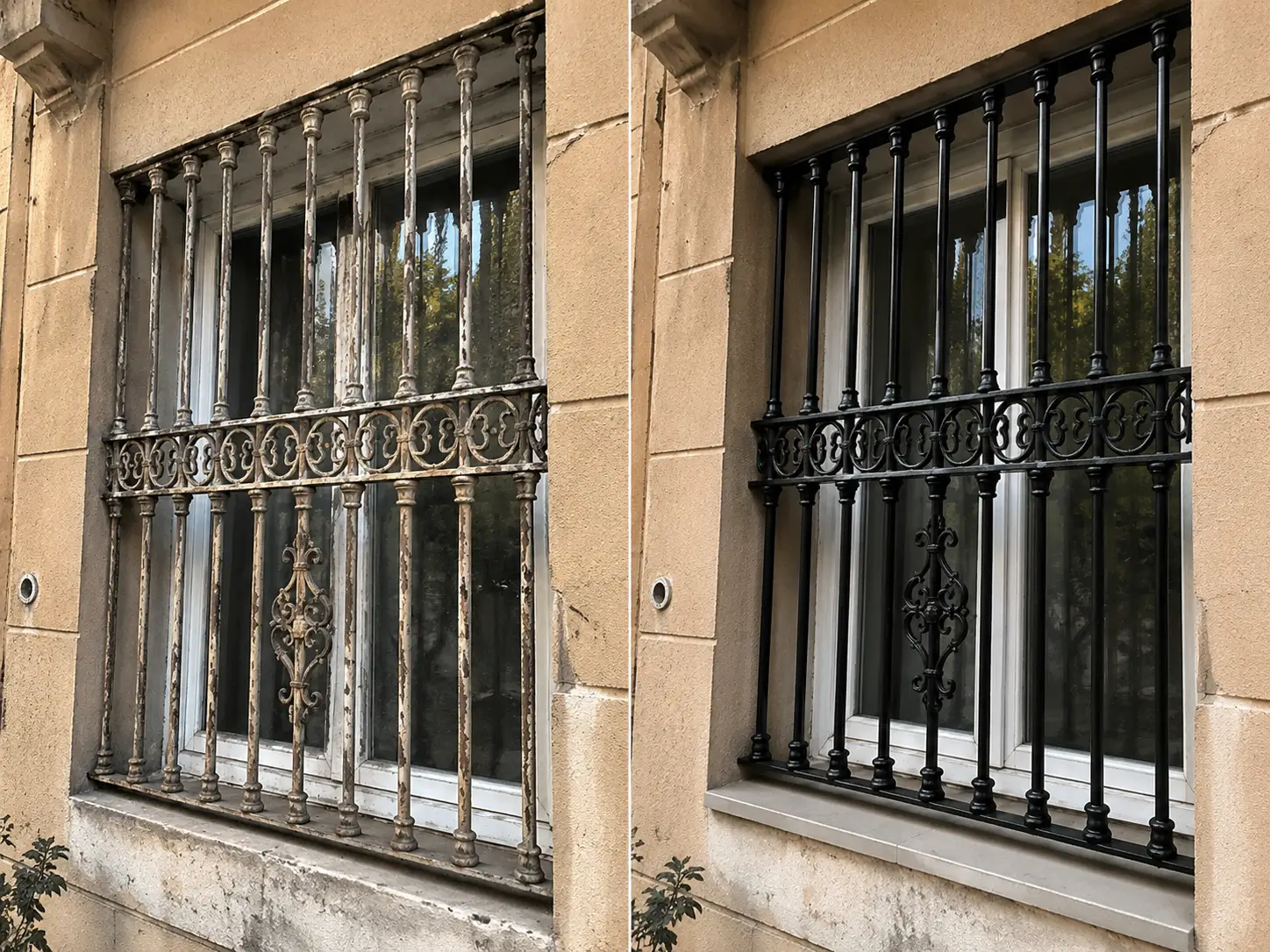 reja metálica antes y después de mantenimiento y pintura